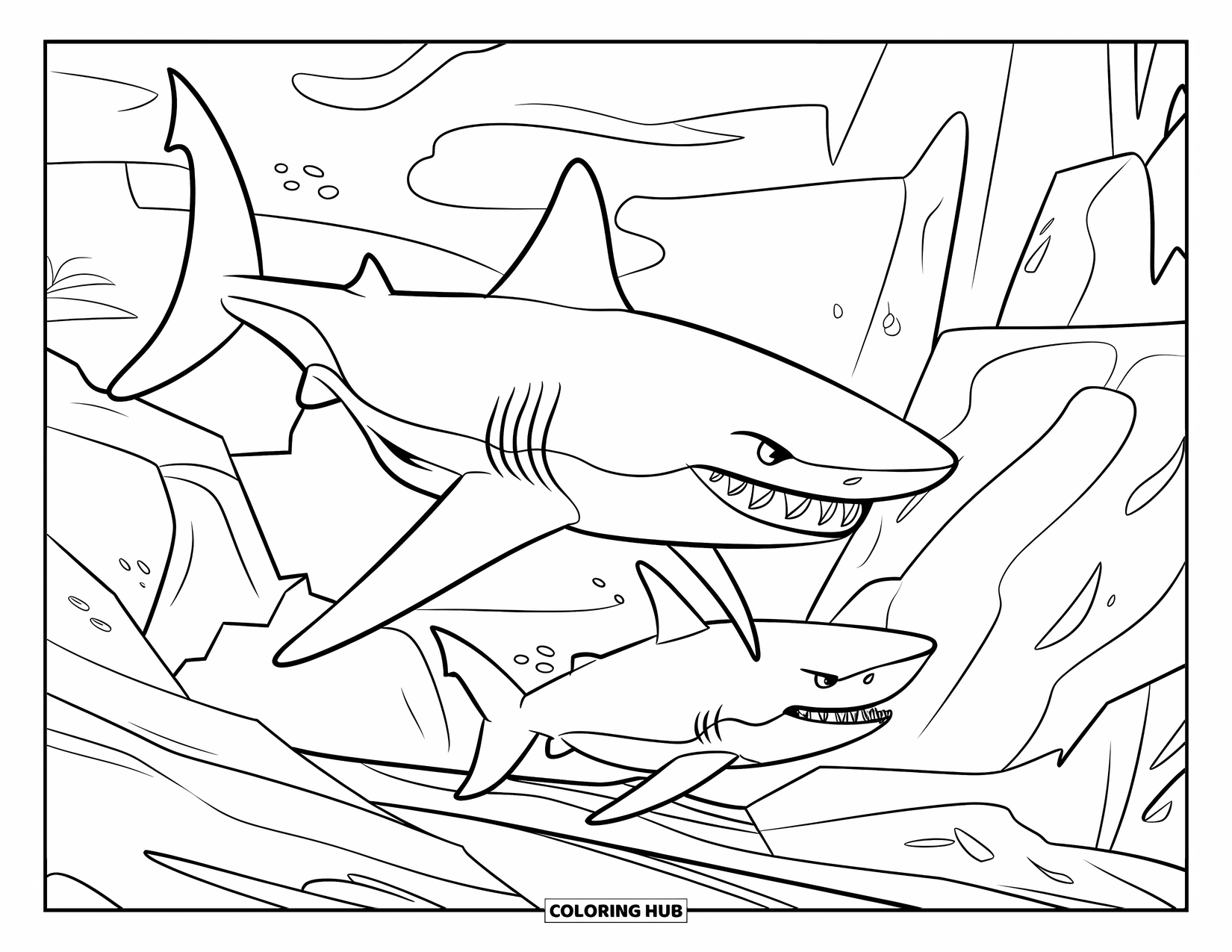 Hai Ausmalbild für Kinder: Ein Paar Haie rasen durch zerklüftete Felsen in einem aufregenden Unterwassermoment