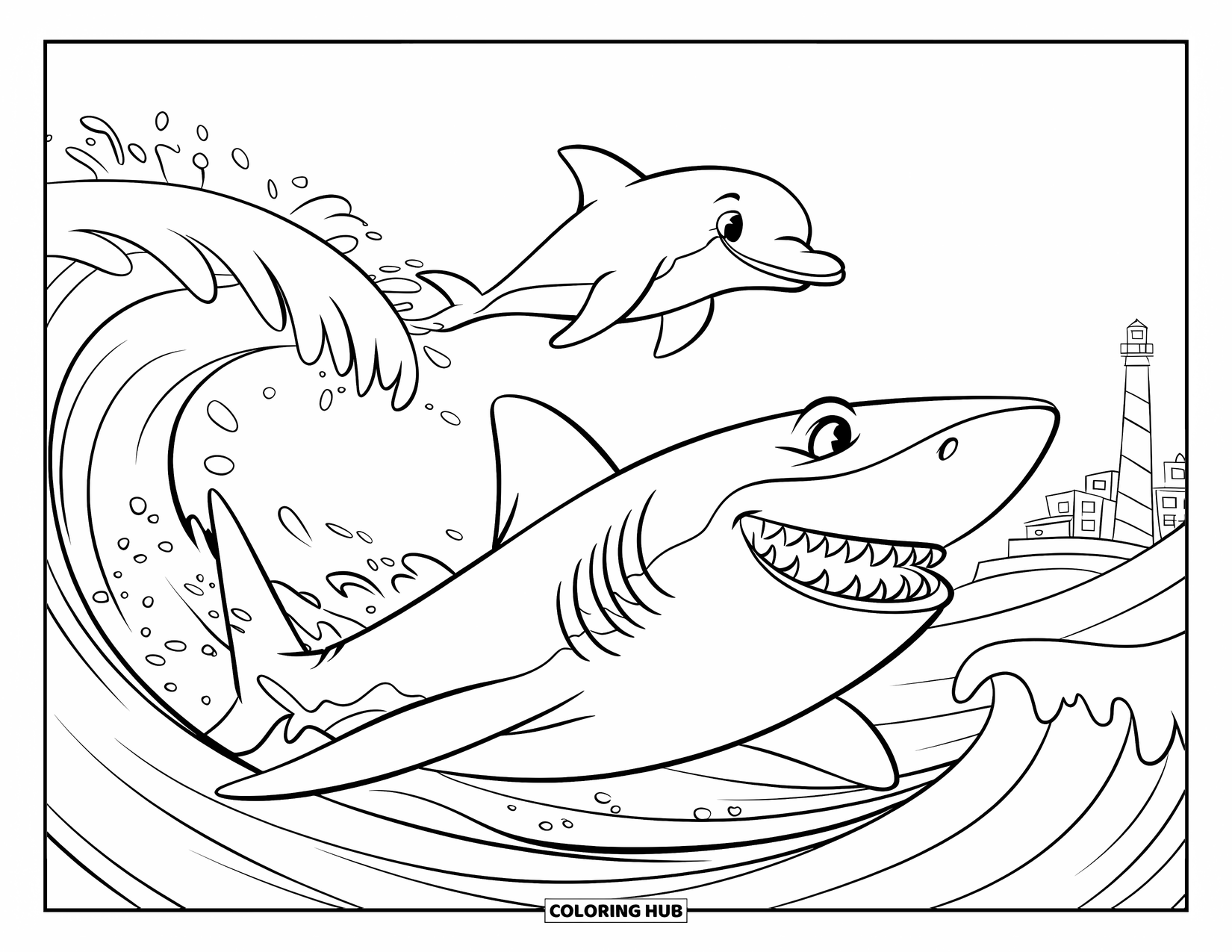 Hai Ausmalbild für Kinder: Ein verspielter Delfin springt, während ein Hai mit scharfen Zähnen unter den Wellen rast