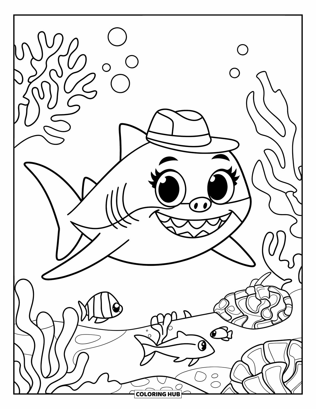 Hai Ausmalbild für Kinder: Ein verspielter Hai mit Hut schwimmt an Korallen und Unterwasserblasen vorbei