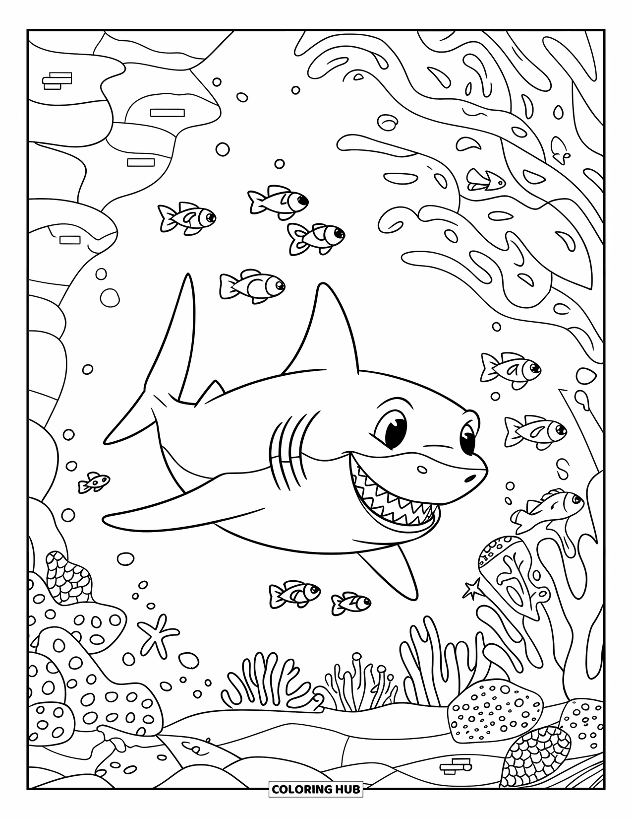 Hai Ausmalbild für Kinder: Ein verspielter Hai schwimmt um ein Riff voller bunter Kreaturen