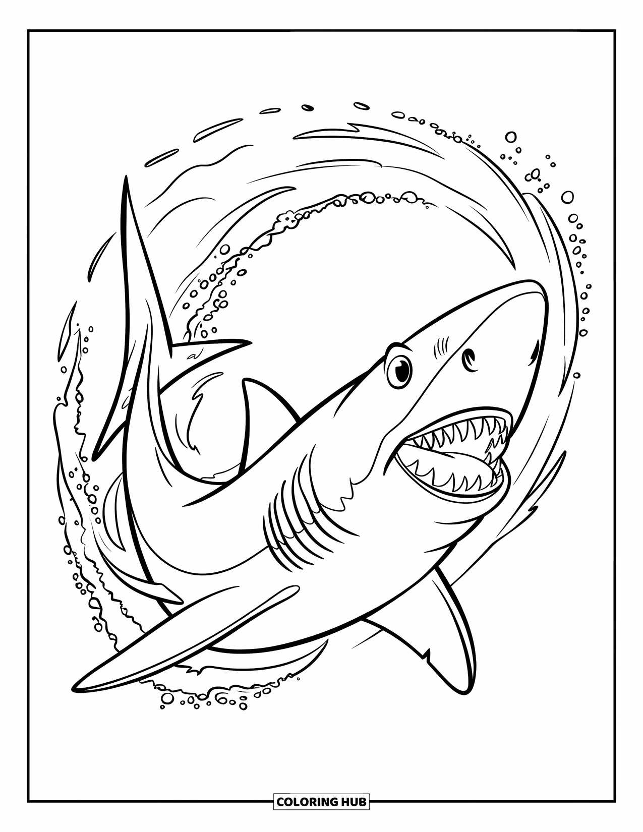 Hai Ausmalbild für Kinder: Ein sich schnell drehender Hai wirbelt mit seiner Bewegung Sand und Blasen auf