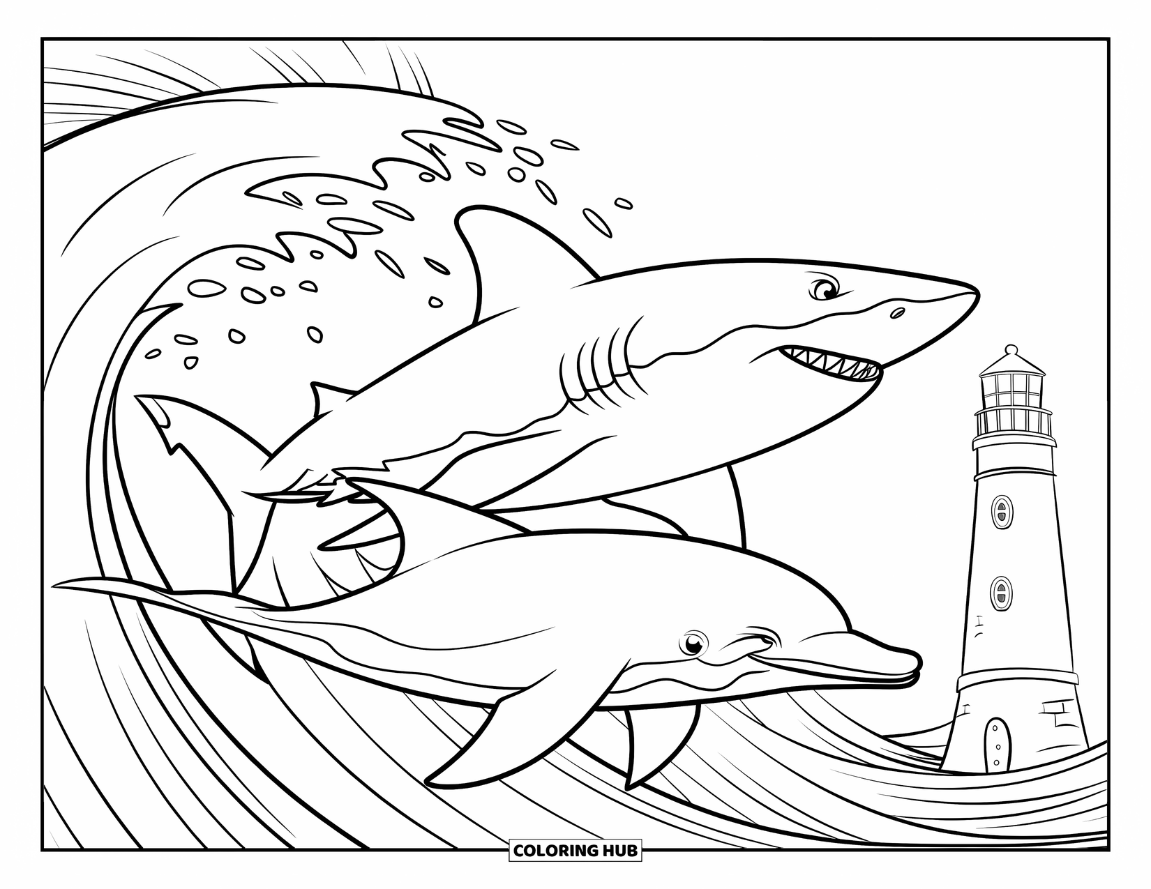 Hai Ausmalbild für Kinder: Ein Hai und ein Delfin rasen unter brechenden Wellen in der Nähe eines Leuchtturms