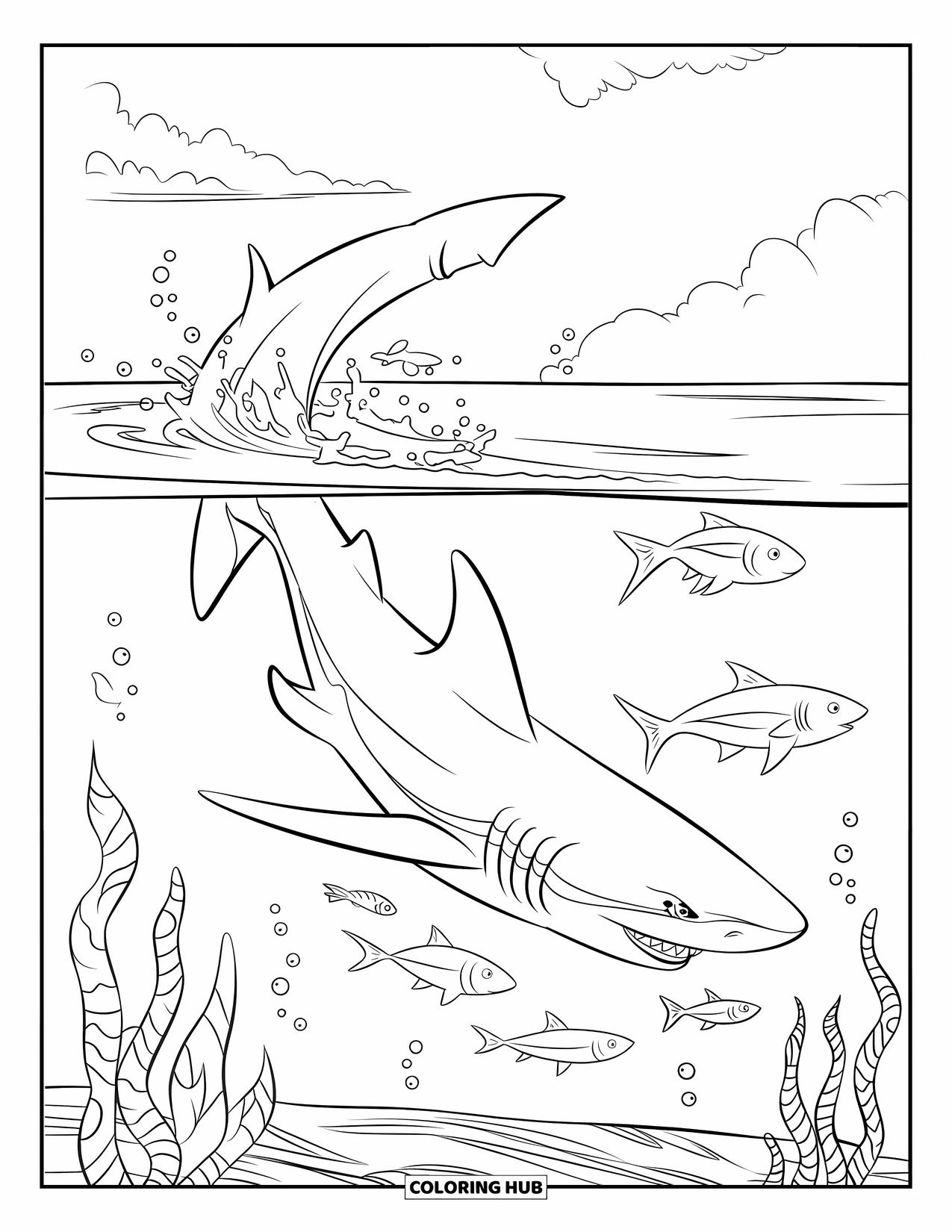 Hai Ausmalbild für Kinder: Ein Hai taucht mit Blasen und Seetang, die sich wirbeln, während er unter Wasser jagt
