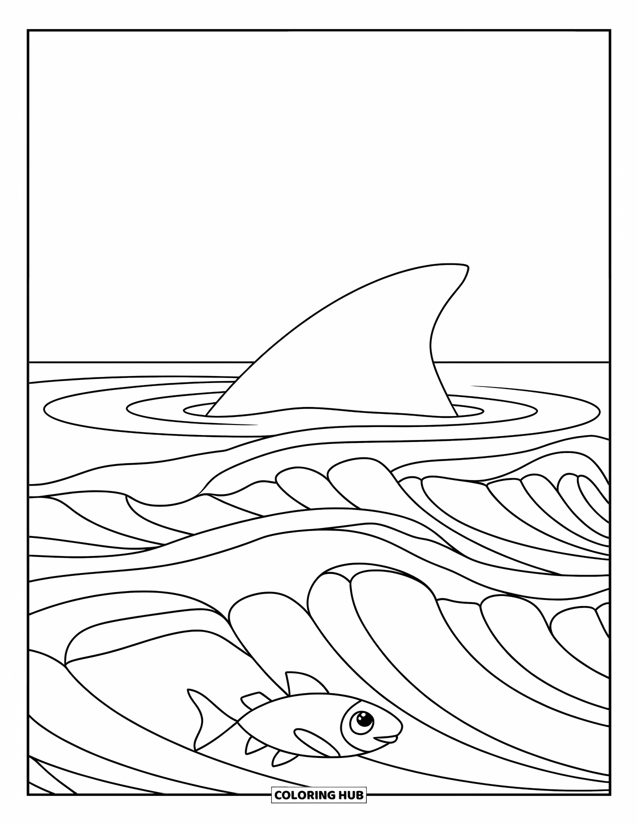 Hai Ausmalbild für Kinder: Eine Haifischflosse ragt über die Wellen, während ein winziger Fisch darunter schwimmt