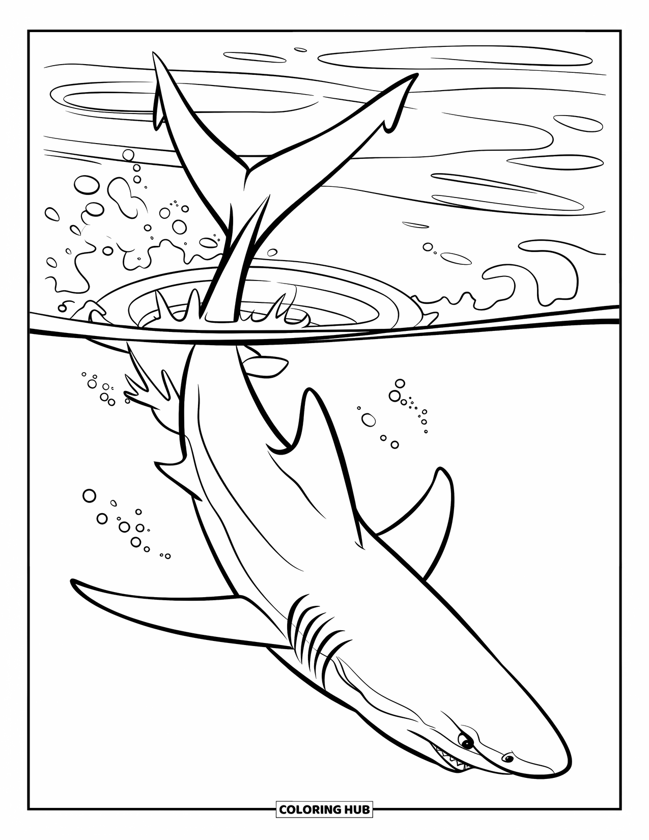 Hai Ausmalbild für Kinder: Ein Hai wirft seinen Schwanz über das Wasser, während er nach Beute taucht