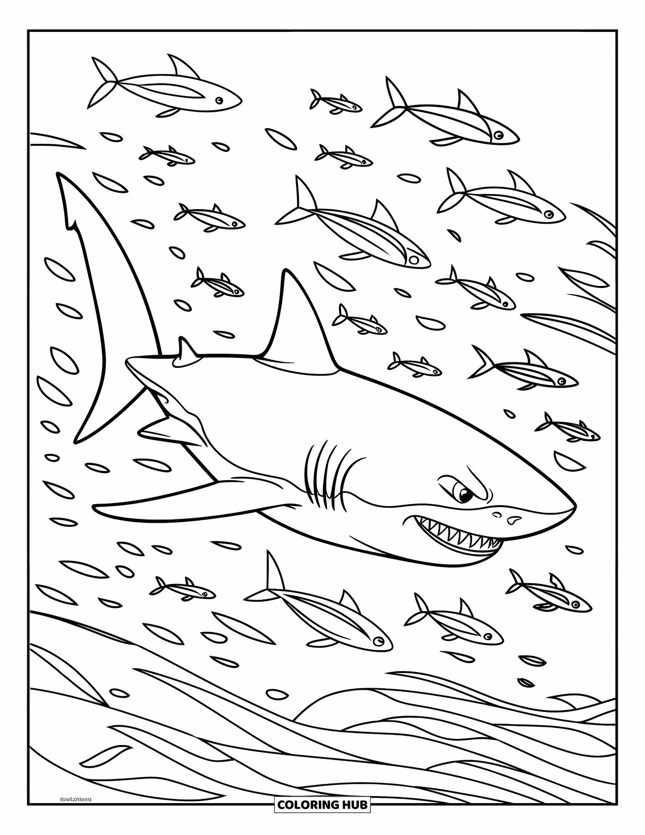 Hai Ausmalbild für Kinder: Ein Hai gleitet durch verstreute Fische über einem welligen Meeresboden