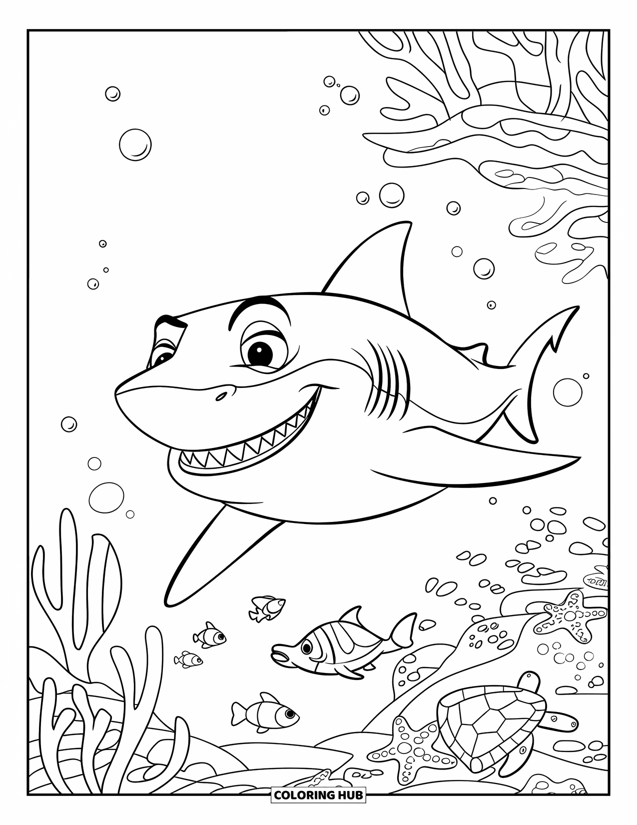 Hai Ausmalbild für Kinder: Ein Hai grinst, während er ein Riff voller Meeresbewohner erkundet