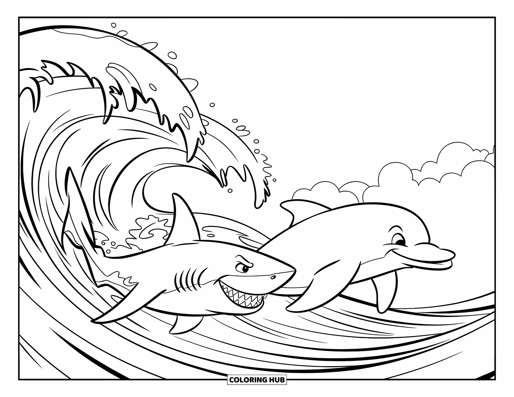 Hai Ausmalbild für Kinder: Ein Hai grinst, während er mit einem fokussierten Delfin unter abgehackten Wellen um die Wette schwimmt