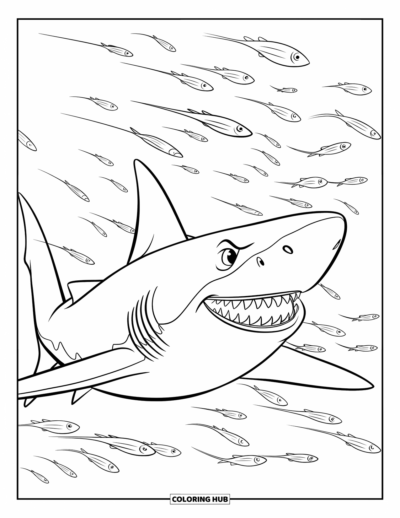 Hai Ausmalbild für Kinder: Ein Hai mit scharfen Zähnen flitzt durch einen wirbelnden Schwarm winziger Fische