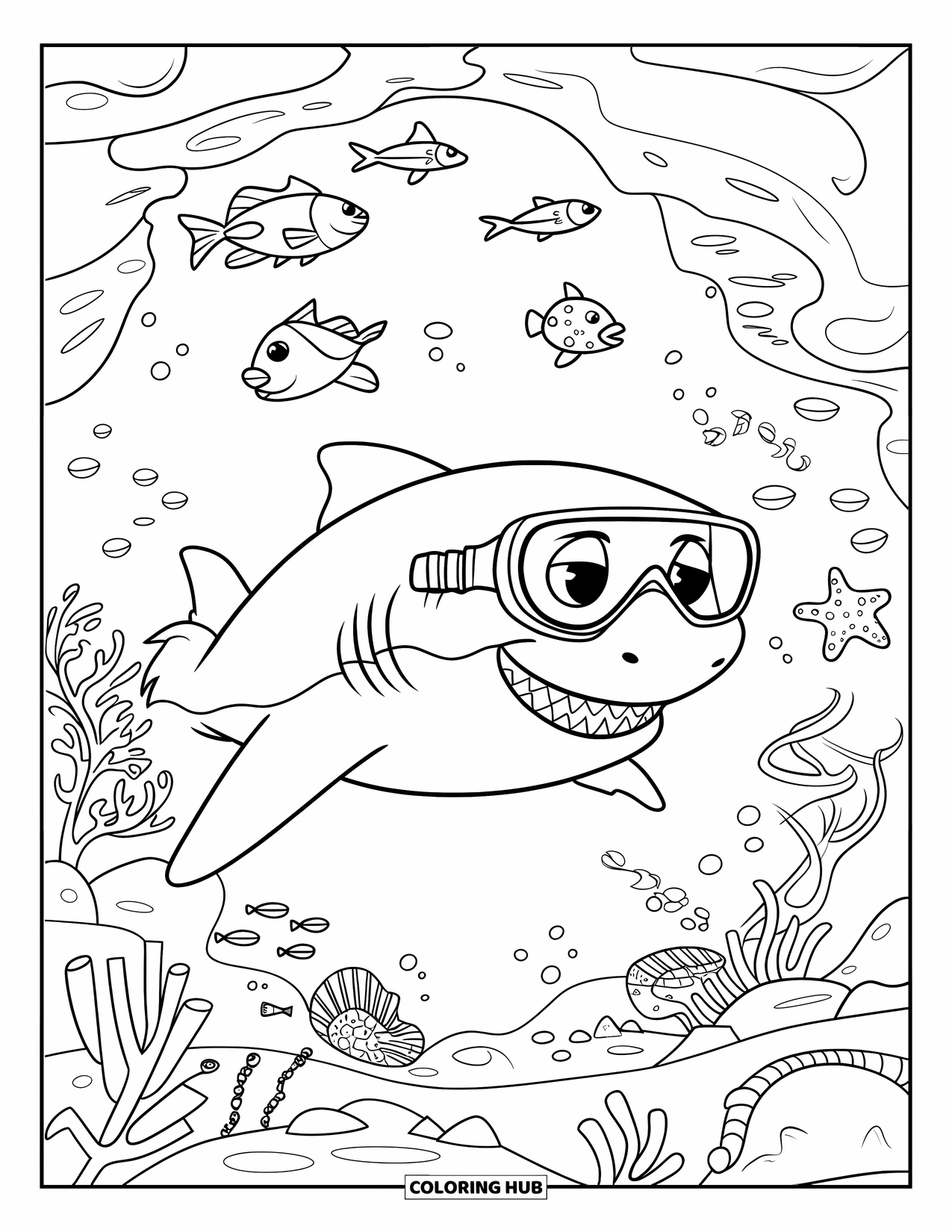 Hai Ausmalbild für Kinder: Ein schnorchelnder Hai erkundet Korallen mit Fischen, Seesternen und einem Oktopus
