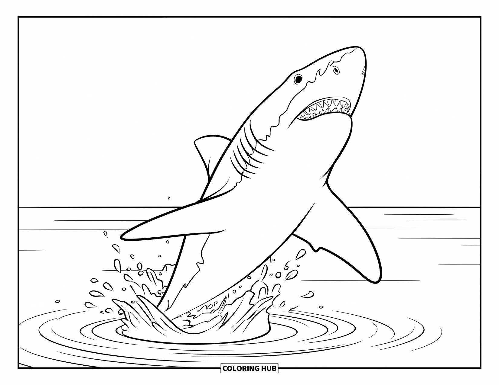 Hai Ausmalbild für Kinder: Ein spritzender Hai springt hoch aus ruhigen Meereswellen