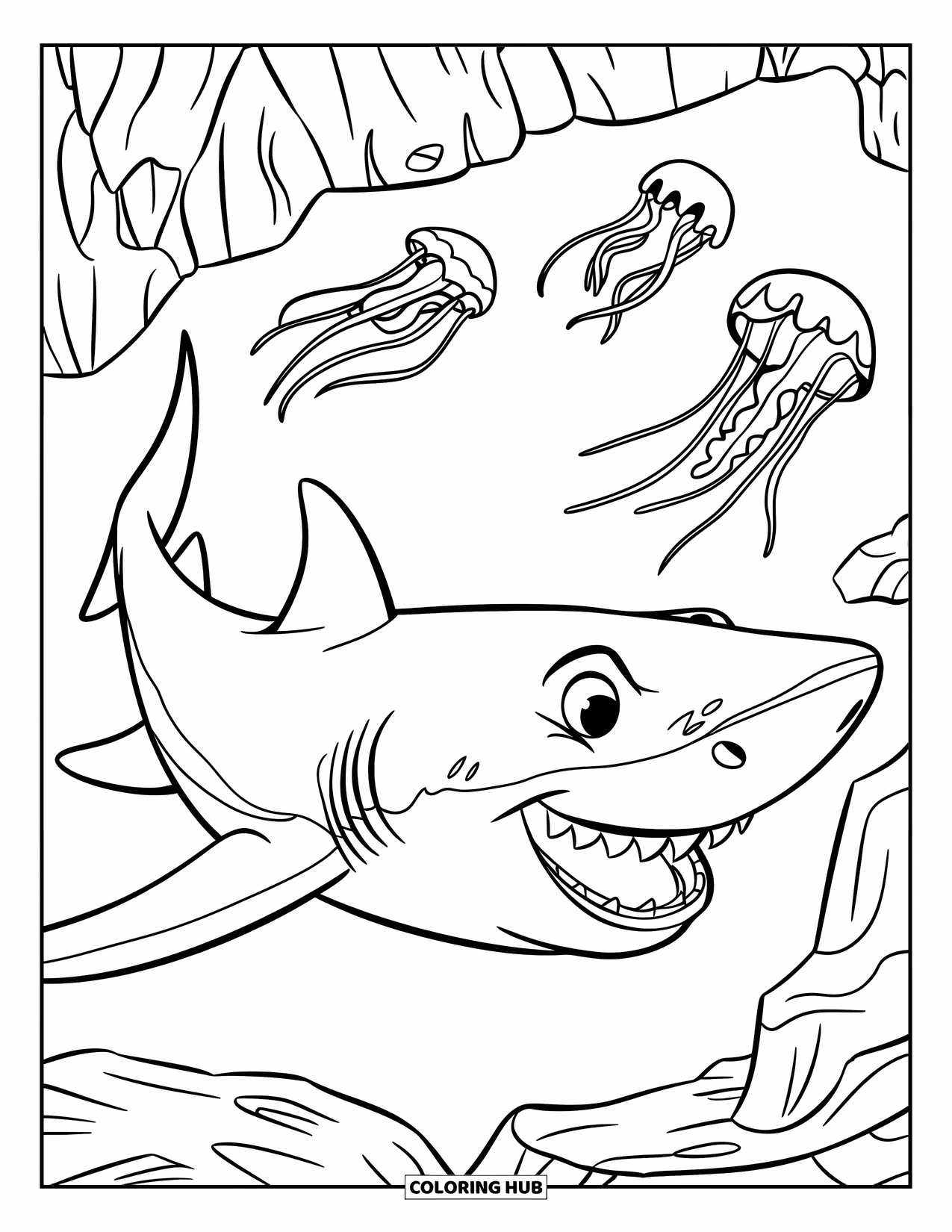 Hai Ausmalbild für Kinder: Ein Hai mit Zähnen jagt Quallen über einem felsigen Meeresboden