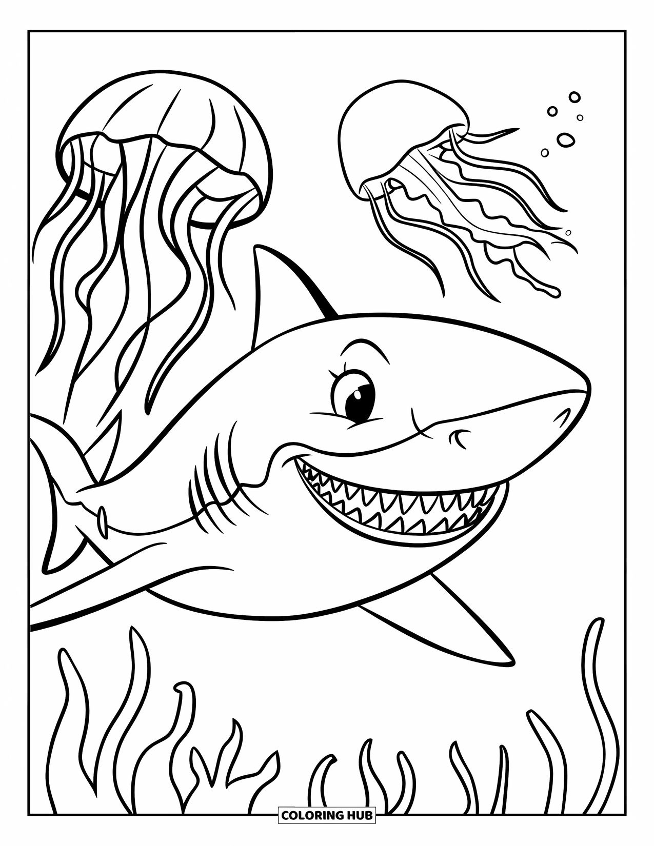 Hai Ausmalbild für Kinder: Ein Hai mit Zähnen schwimmt an Quallen vorbei, die ruhig im Wasser treiben