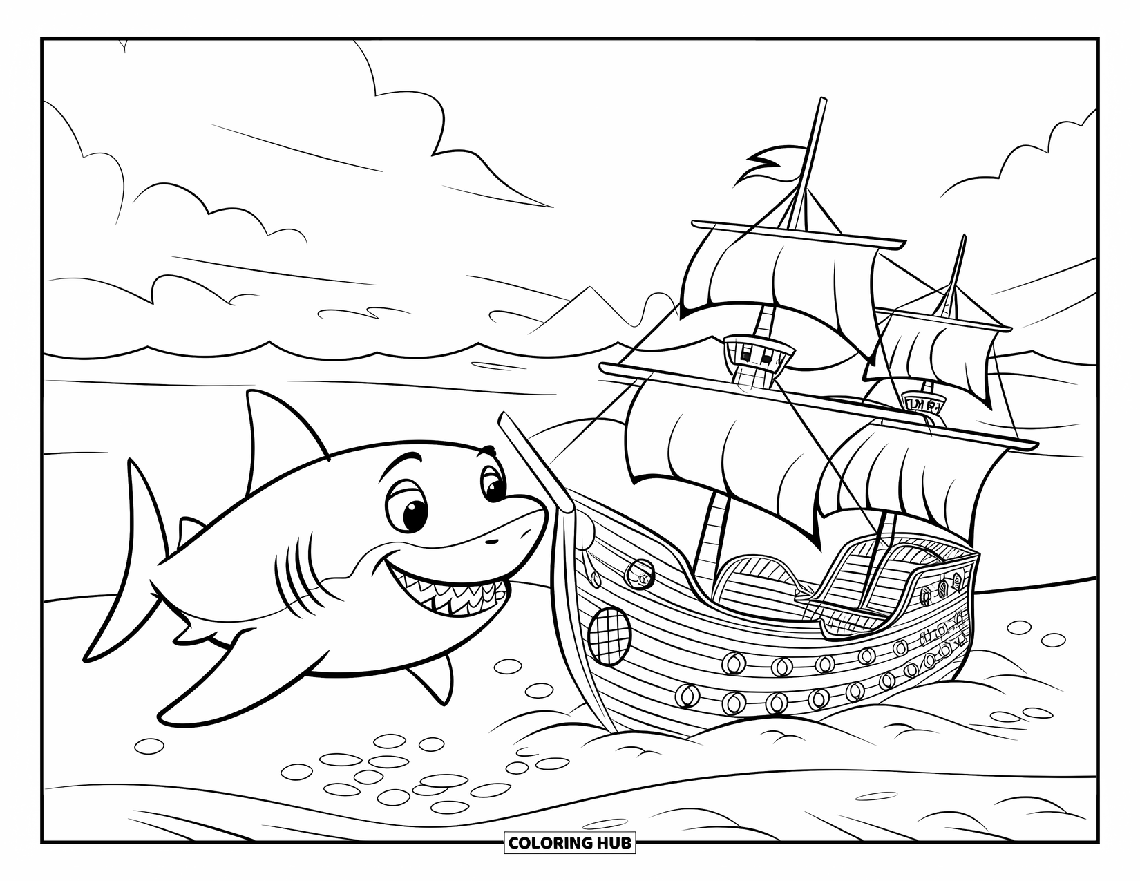 Hai Ausmalbild für Kinder: Ein Hai mit großen Augen erkundet ein Schiffswrack voller hölzerner Segel und Masten