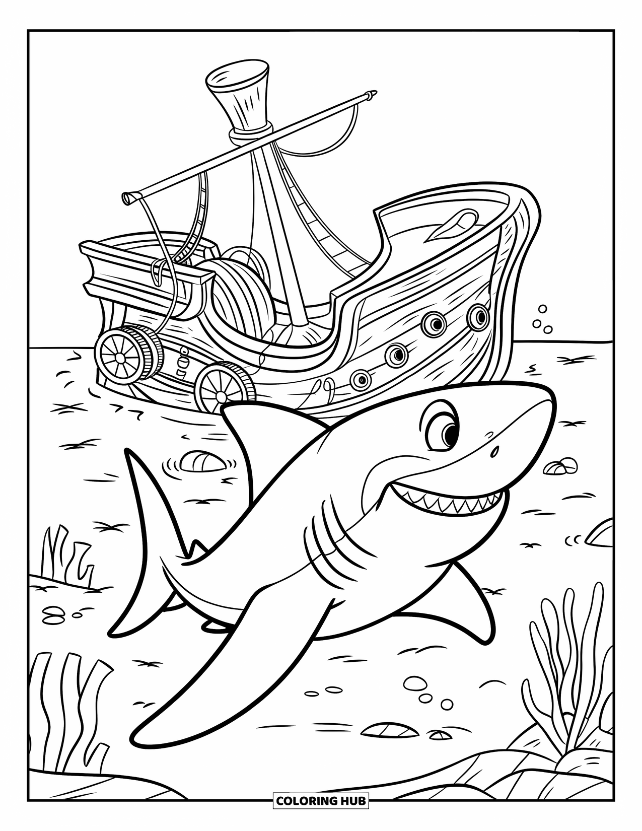 Hai Ausmalbild für Kinder: Ein Hai mit großen Augen inspiziert ein detailliertes Piraten-Schiffswrack unter dem Meer