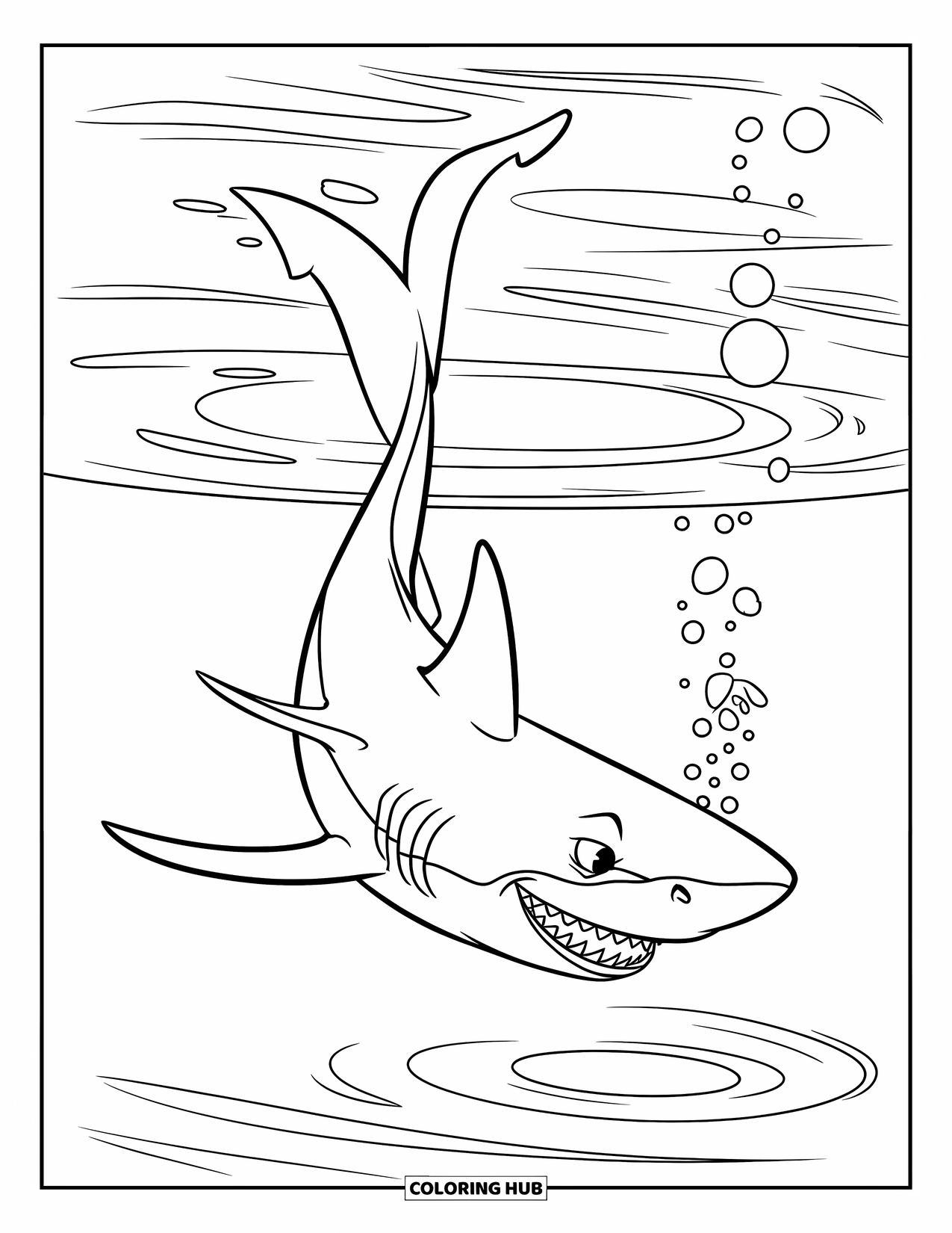 Hai Ausmalbild für Kinder: Ein Hai mit breitem Maul taucht in Wellen und Blasen, um seine Beute zu fangen