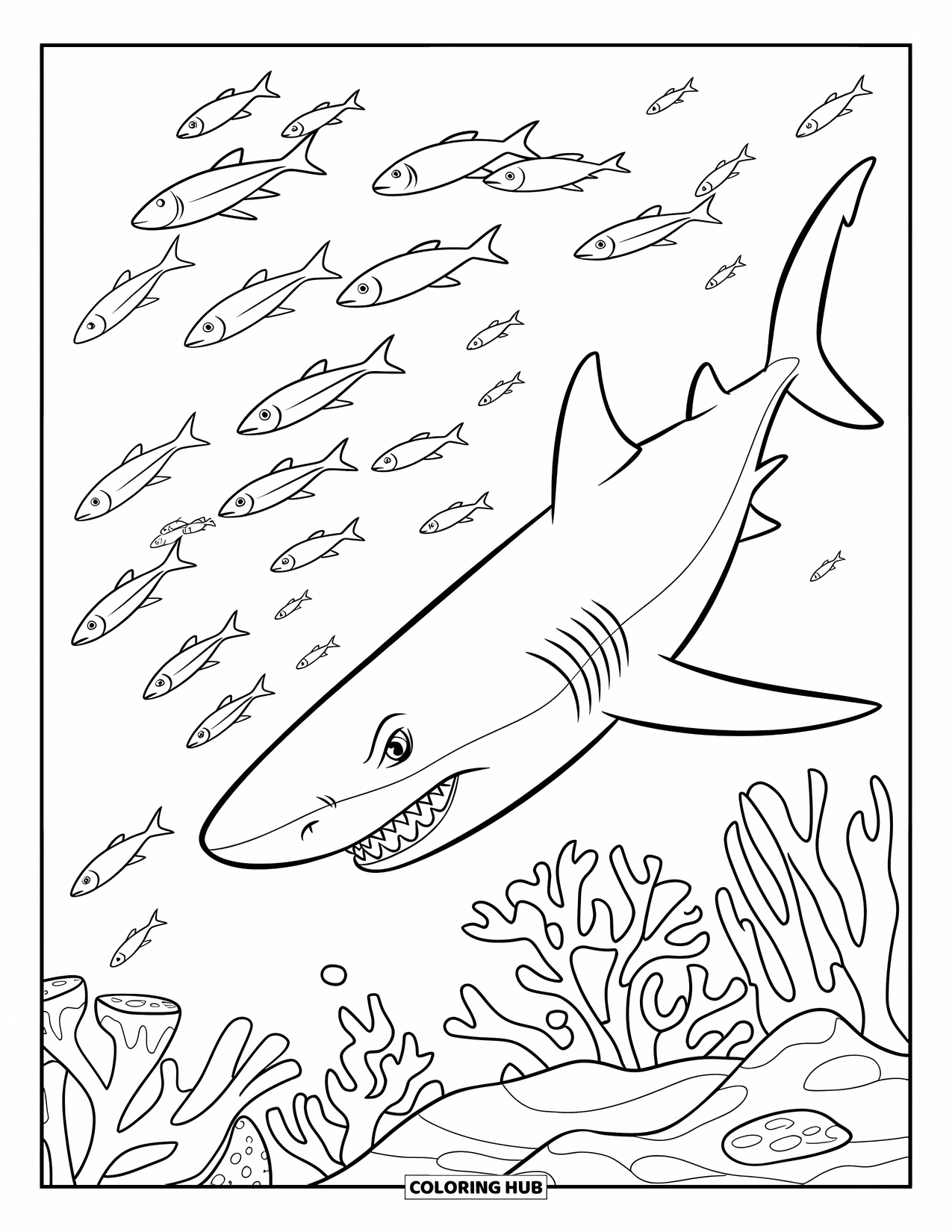 Hai Ausmalbild für Kinder: Ein Hai mit breitem Maul schwimmt schnell, während Fische in alle Richtungen flitzen