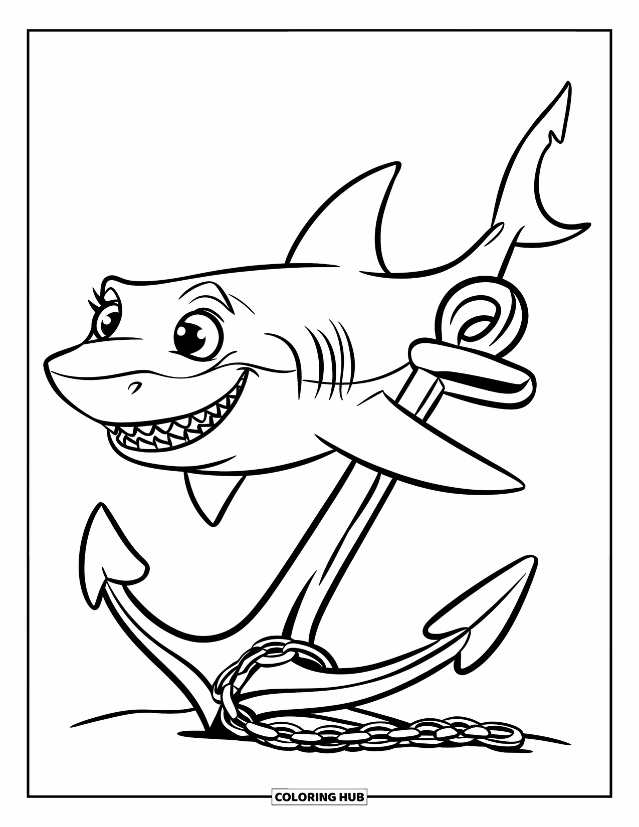 Hai Ausmalbild für Kinder: Ein Hai mit breitem Maul schwimmt an einem Schiffsanker auf dem Meeresboden vorbei