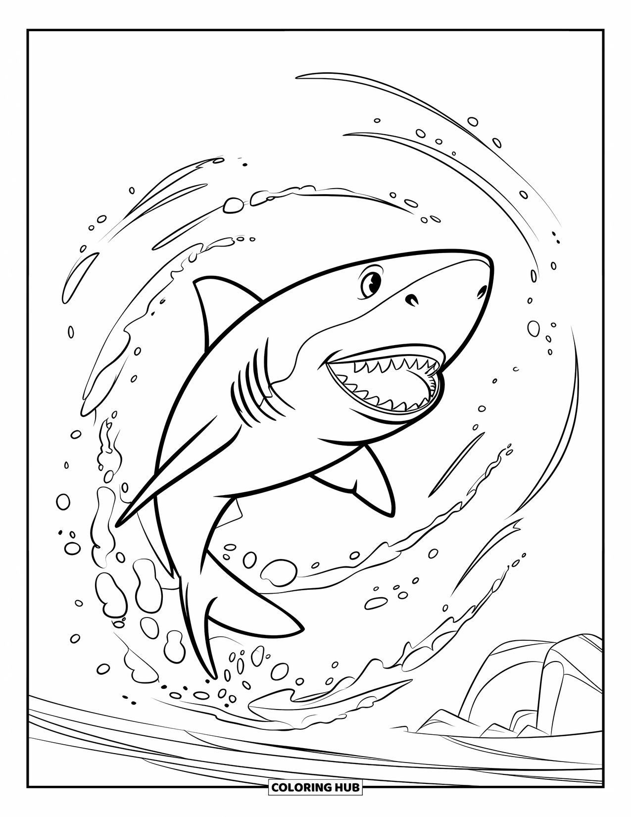 Hai Ausmalbild für Kinder: Blasen und Sand folgen einem sich windenden Hai, der scharf unter Wasser abbiegt