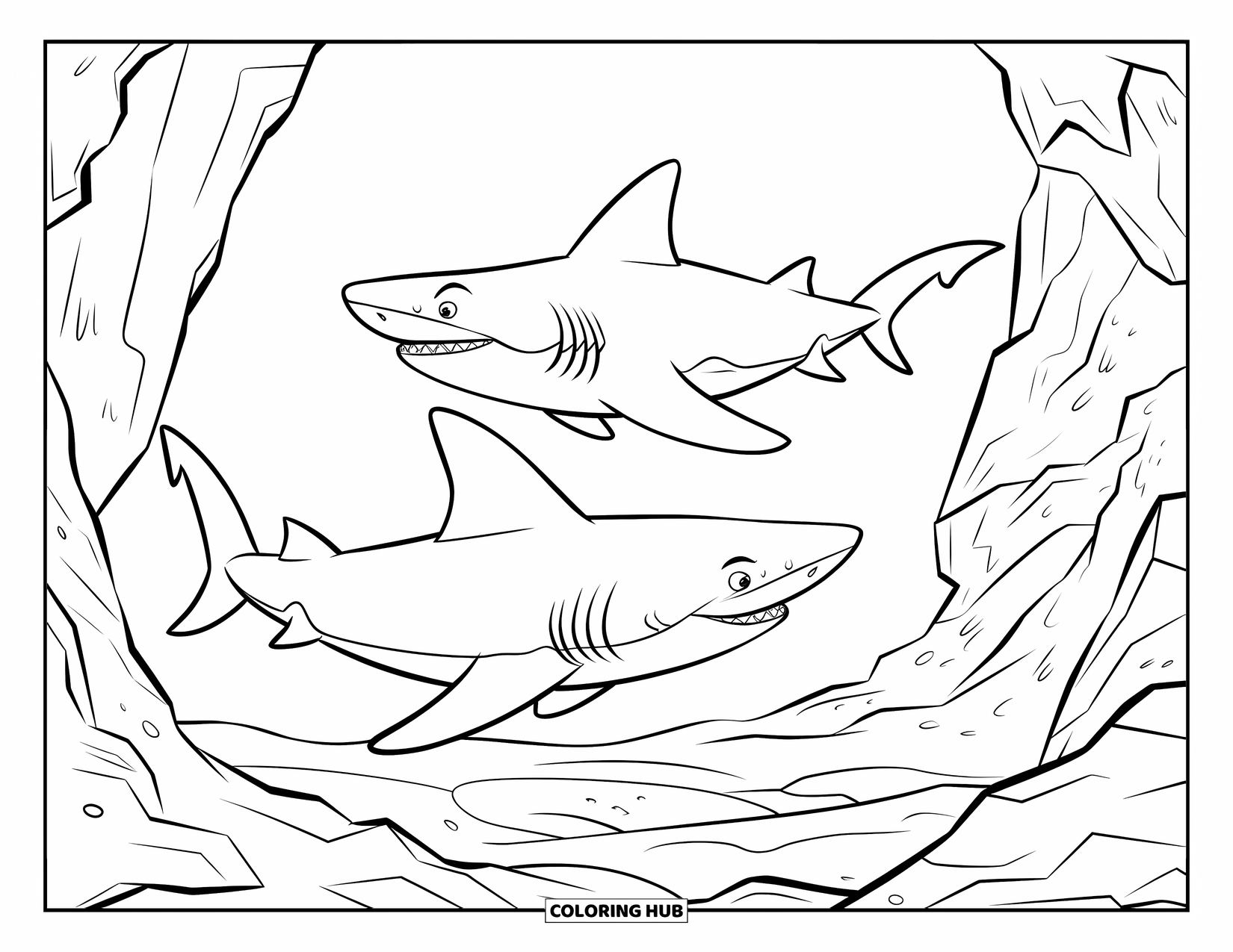Hai Ausmalbild für Kinder: Zwei kühne Haie schwimmen in felsigen Gewässern während einer intensiven Unterwasserjagd
