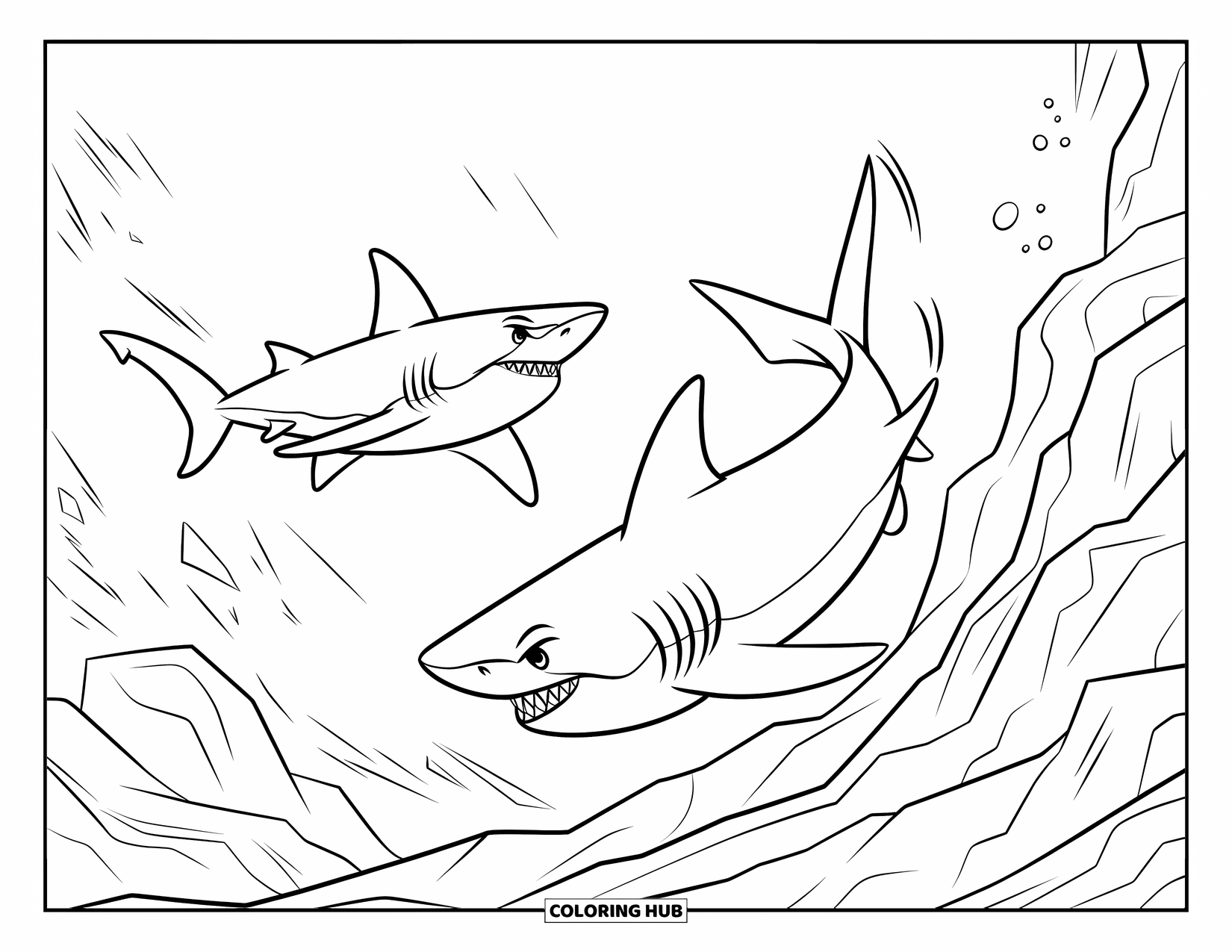 Hai Ausmalbild für Kinder: Zwei Haie jagen sich gegenseitig durch felsige Gewässer in einer actionreichen Unterwasserszene