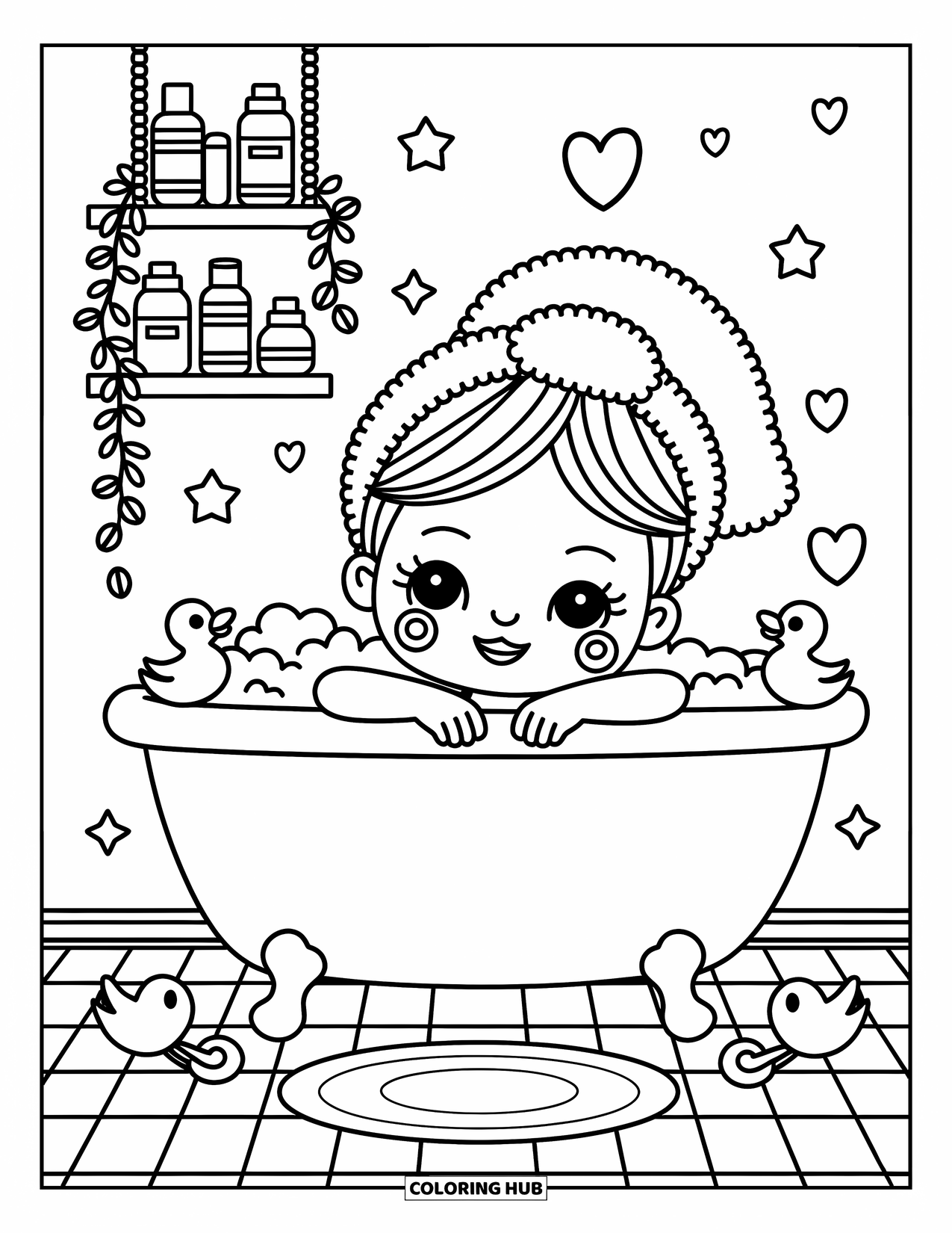 Huidverzorging Kleurplaat voor Volwassenen: Een bruisend bad met een in een handdoek gewikkeld meisje, rubberen eenden en gelabelde huidverzorging