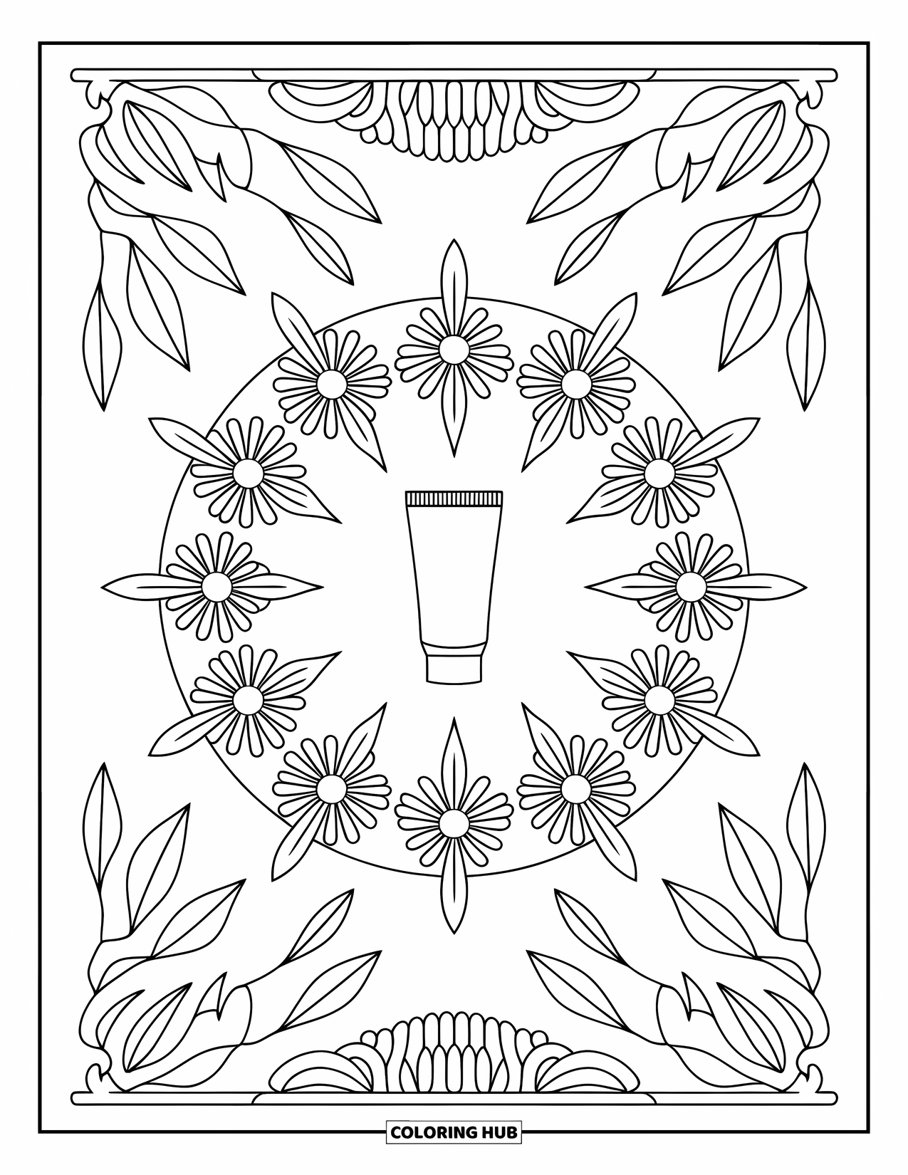 Huidverzorging Kleurplaat voor Volwassenen: Een madeliefjes-en-bladmandala omlijst een centrale tube zonnebrandcrème