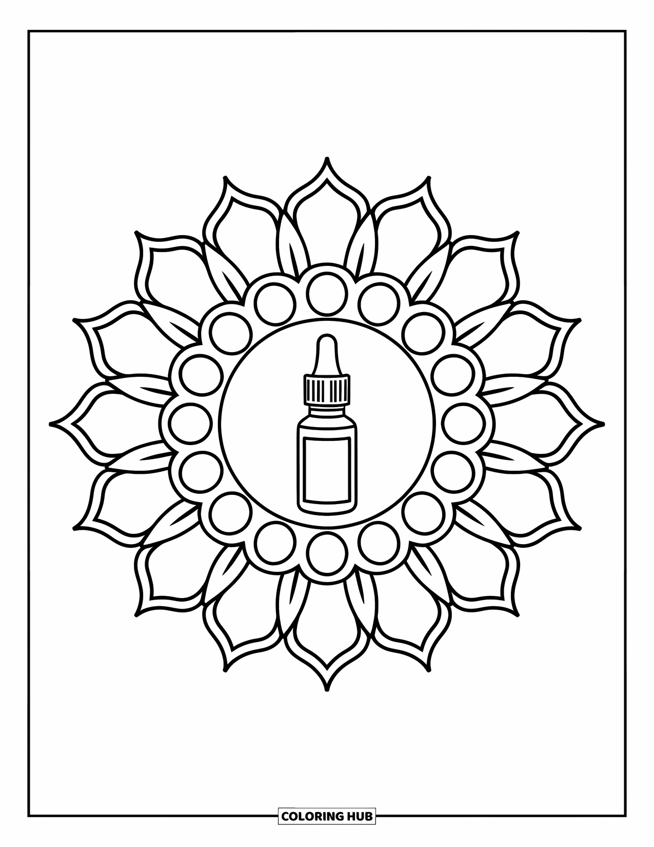 Huidverzorging Kleurplaat voor Volwassenen: Een bloemige zonnebloemmandala bevat een vitamine C-serumdruppelaar in het midden