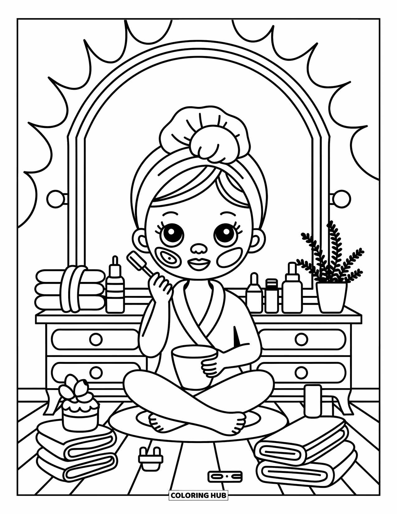 Huidverzorging Kleurplaat voor Volwassenen: Een meisje in een ruchegewaad zit aan een kaptafel met gezichtsmasker en gezellige accessoires