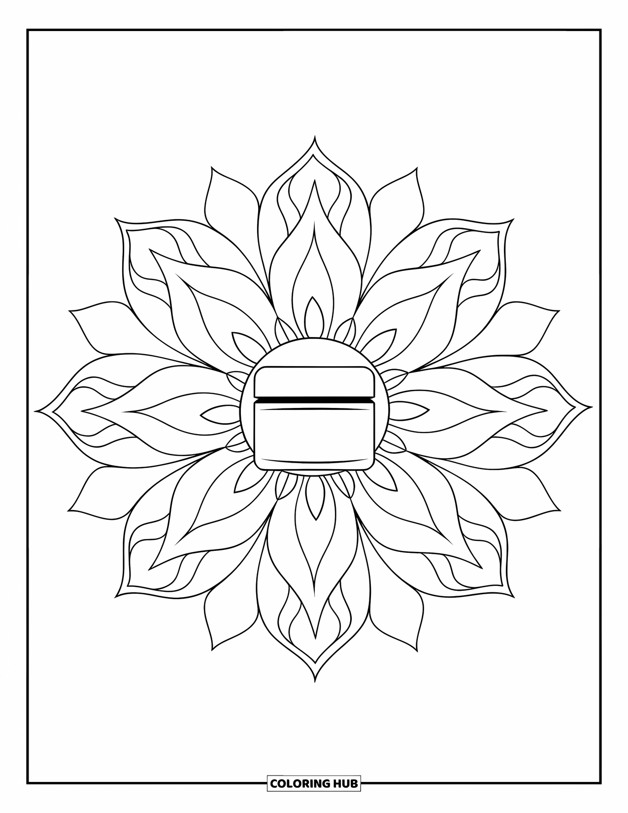 Huidverzorging Kleurplaat voor Volwassenen: Een zachte lotusmandala omringt een pot vochtinbrengende crème in het midden