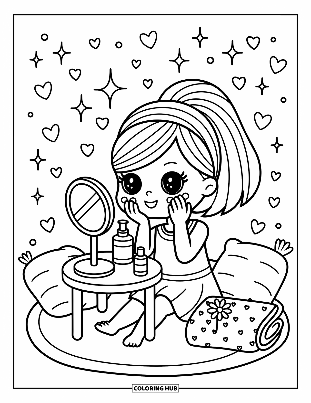 Huidverzorging Kleurplaat voor Volwassenen: Een meisje brengt crème aan op haar wangen met kussens, flesjes en harten eromheen
