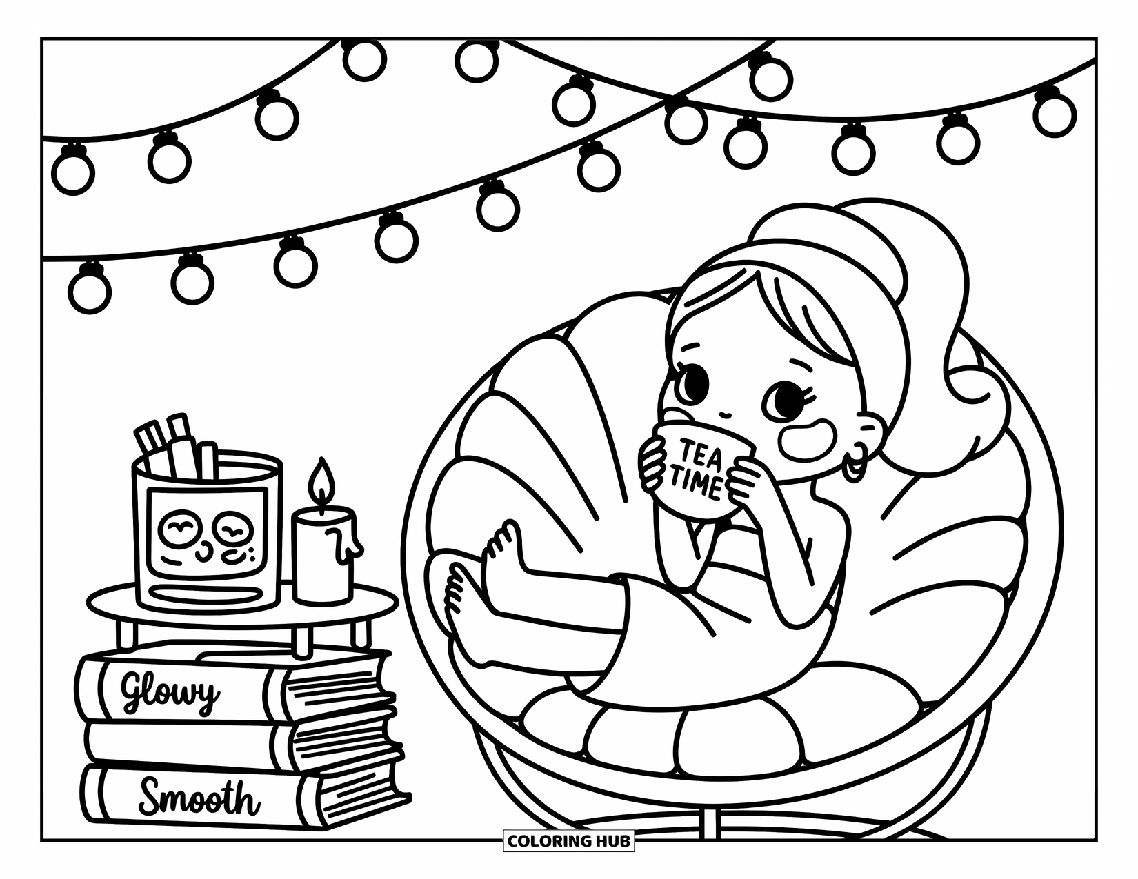 Huidverzorging Kleurplaat voor Volwassenen: Een meisje in een gezellige stoel geniet van de theetijd met kaarsen, boeken en lichtjes