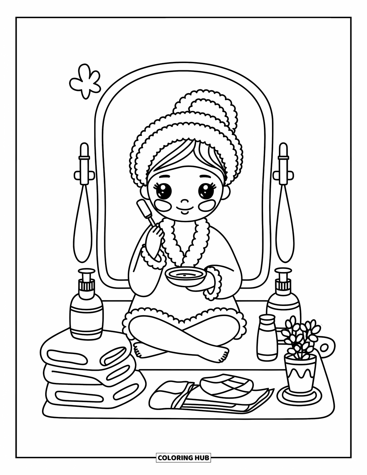 Huidverzorging Kleurplaat voor Volwassenen: Een meisje in een gezellig gewaad gebruikt een gezichtsmasker naast planten en huidverzorgingspotten