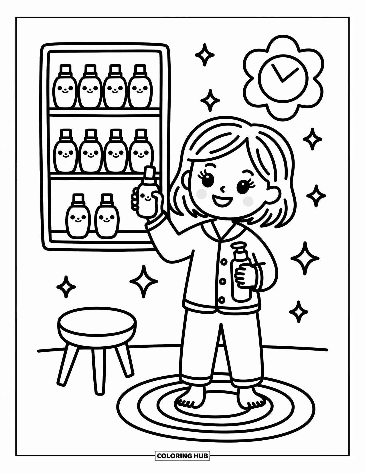 Huidverzorging Kleurplaat voor Volwassenen: Een meisje in pyjama staat bij een huidverzorgingsplank met een bloemvormige wandklok