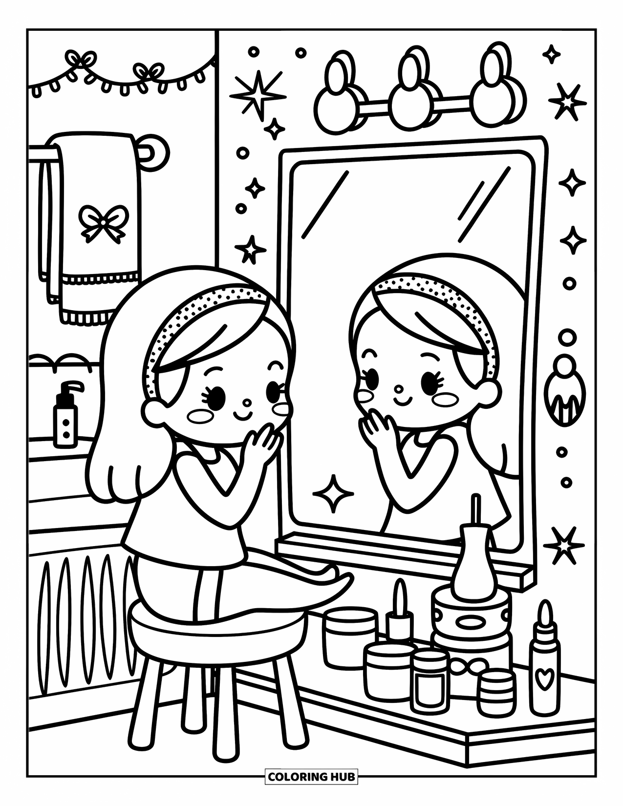 Huidverzorging Kleurplaat voor Volwassenen: Een meisje op een badkamerkruk grijnst naar haar spiegelbeeld naast haar huidverzorgingspotten