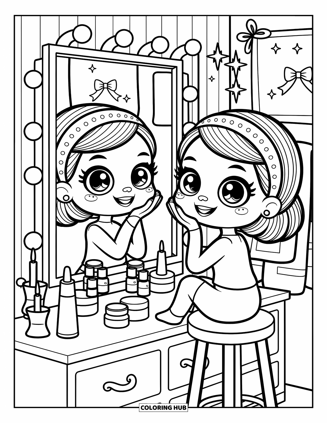 Huidverzorging Kleurplaat voor Volwassenen: Een meisje glimlacht naar haar spiegelbeeld, omringd door gelabelde huidverzorgingspotten en zachte verlichting