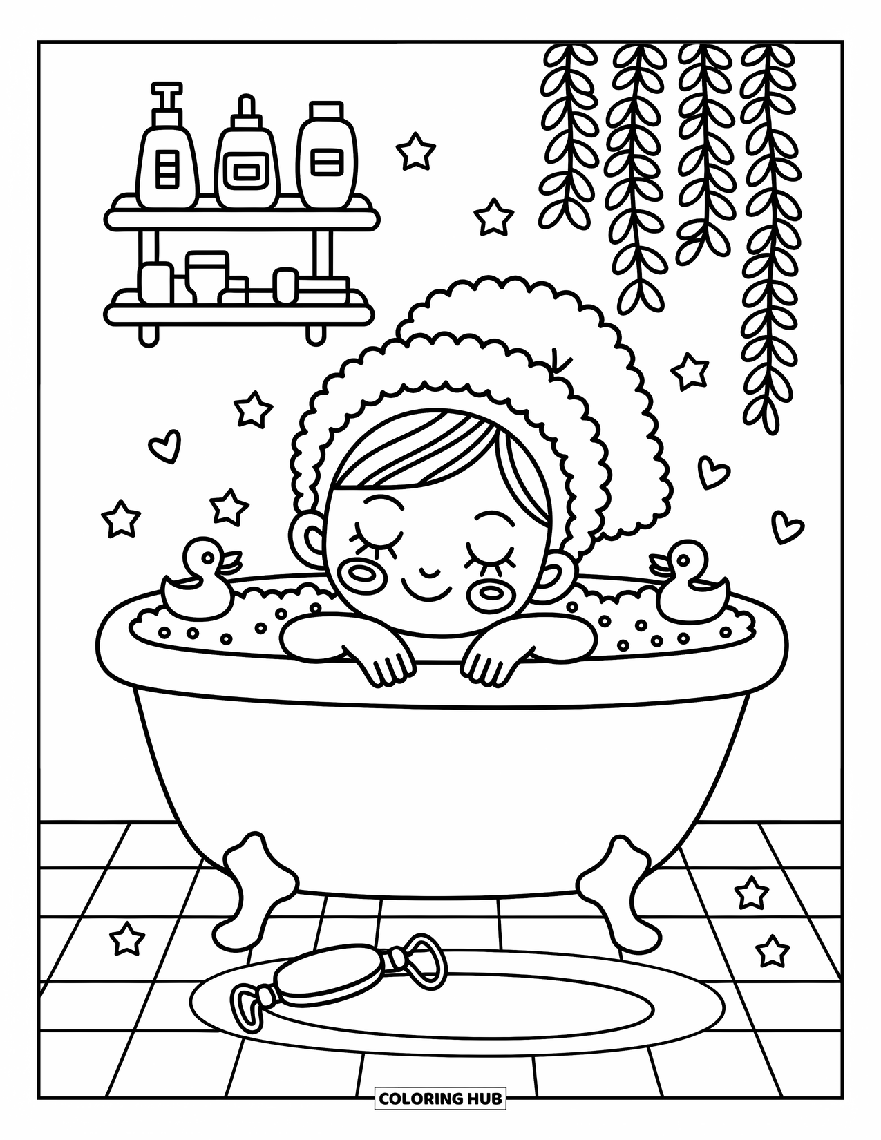 Huidverzorging Kleurplaat voor Volwassenen: Een meisje weekt in bubbels met eendjes, een bladerrijke plank en hartbubbels