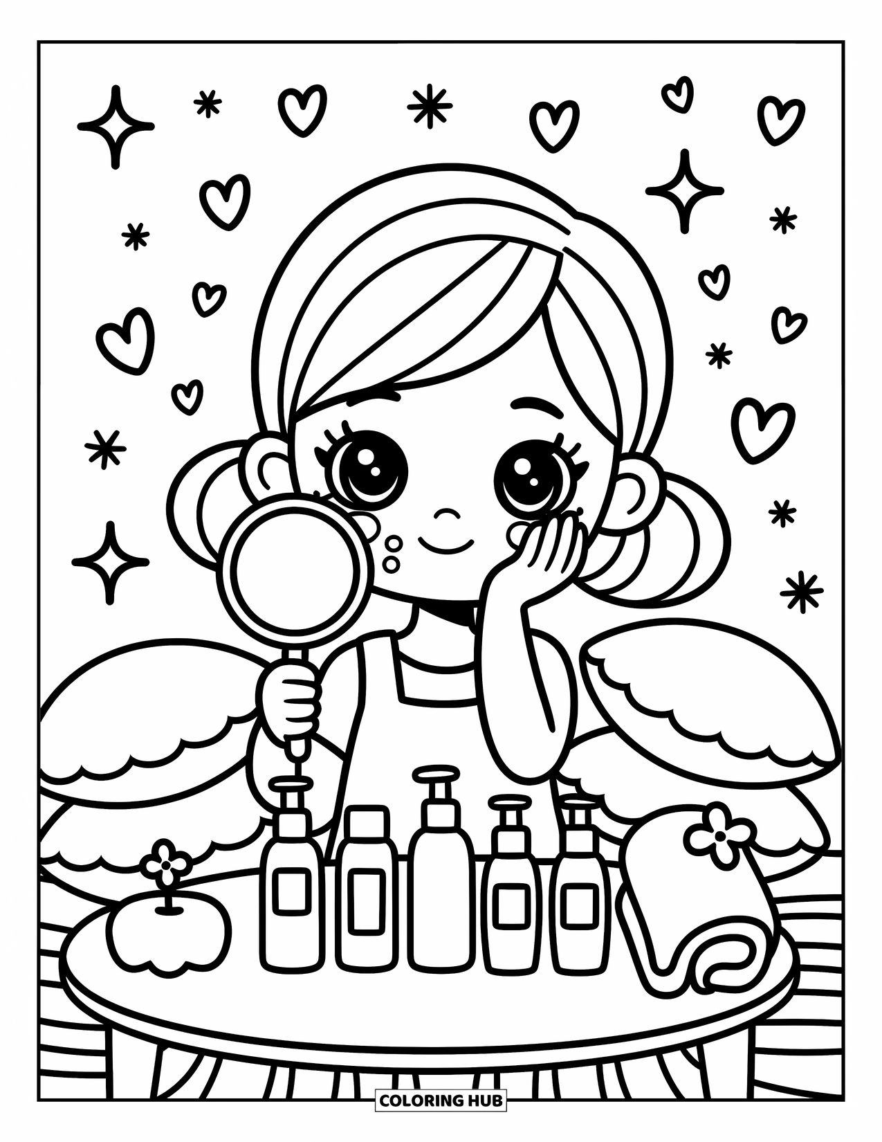 Huidverzorging Kleurplaat voor Volwassenen: Een meisje gebruikt een spiegel en vochtinbrengende crème aan een tafel omringd door gezellige accenten