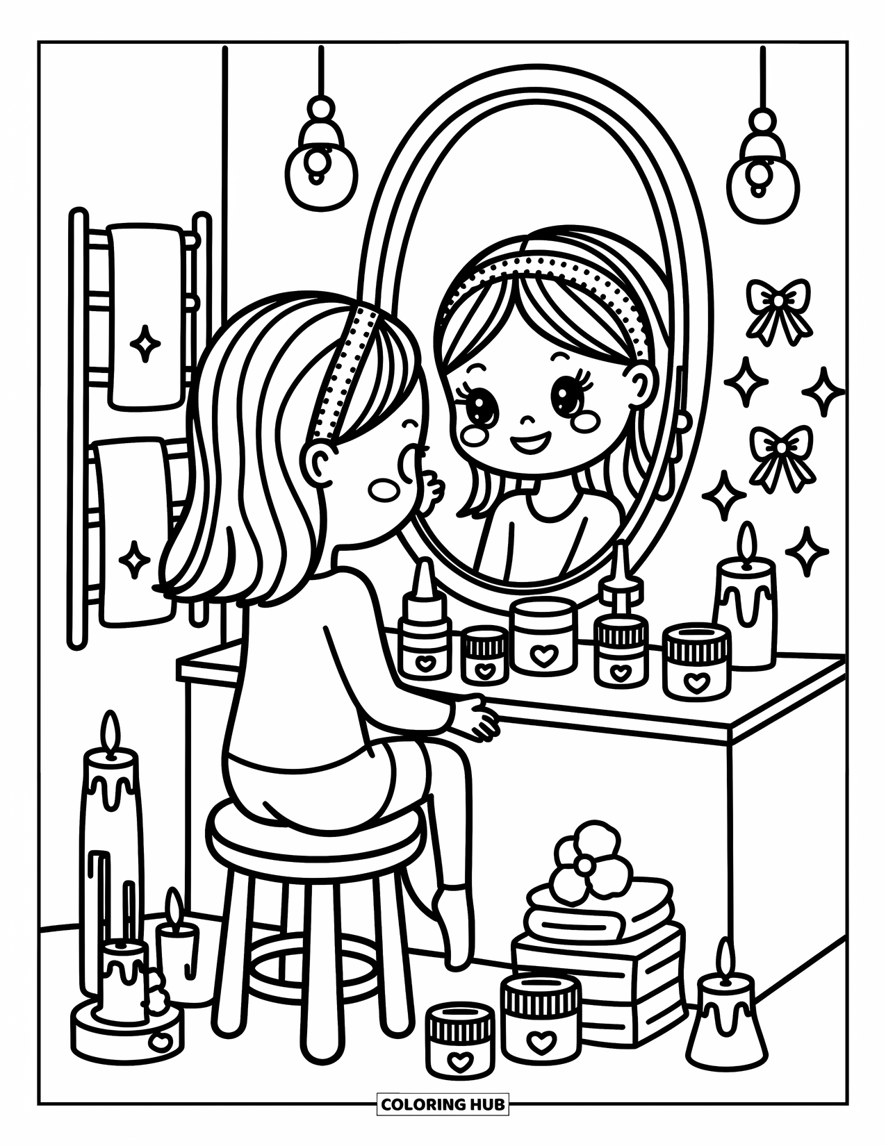 Huidverzorging Kleurplaat voor Volwassenen: Een meisje met een hoofdband glimlacht in de spiegel met gloeiend kaarslicht en potten