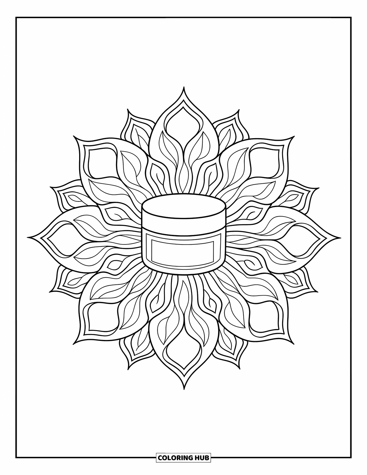 Huidverzorging Kleurplaat voor Volwassenen: Een vochtinbrengende crème pot staat in het midden van een zachte, gelaagde lotusmandala