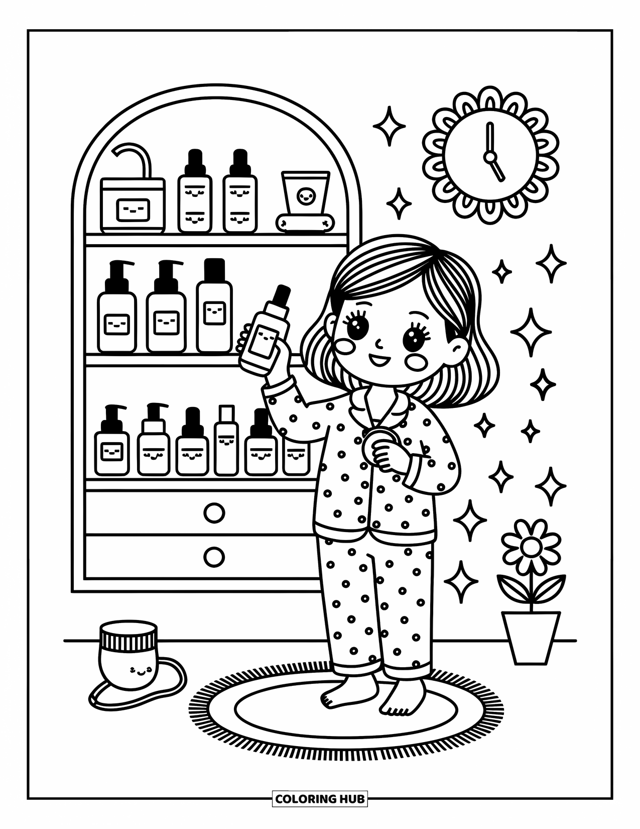 Huidverzorging Kleurplaat voor Volwassenen: Een in pyjama gekleed meisje houdt toner en katoen vast bij een plank met schattige huidverzorgingsflesjes