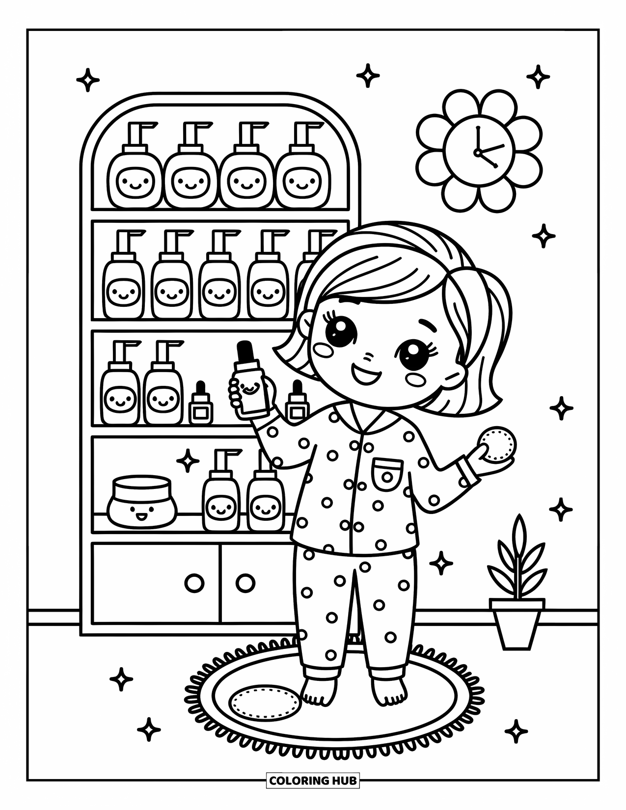 Huidverzorging Kleurplaat voor Volwassenen: Een pyjamameisje houdt toner vast naast glitters en een plank met schattige flesjes