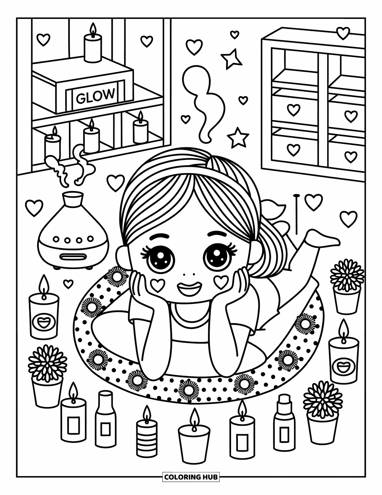 Huidverzorging Kleurplaat voor Volwassenen: Een vredig gezichtsmaskermoment met kaarsen, planten, stoom en gezellige planken