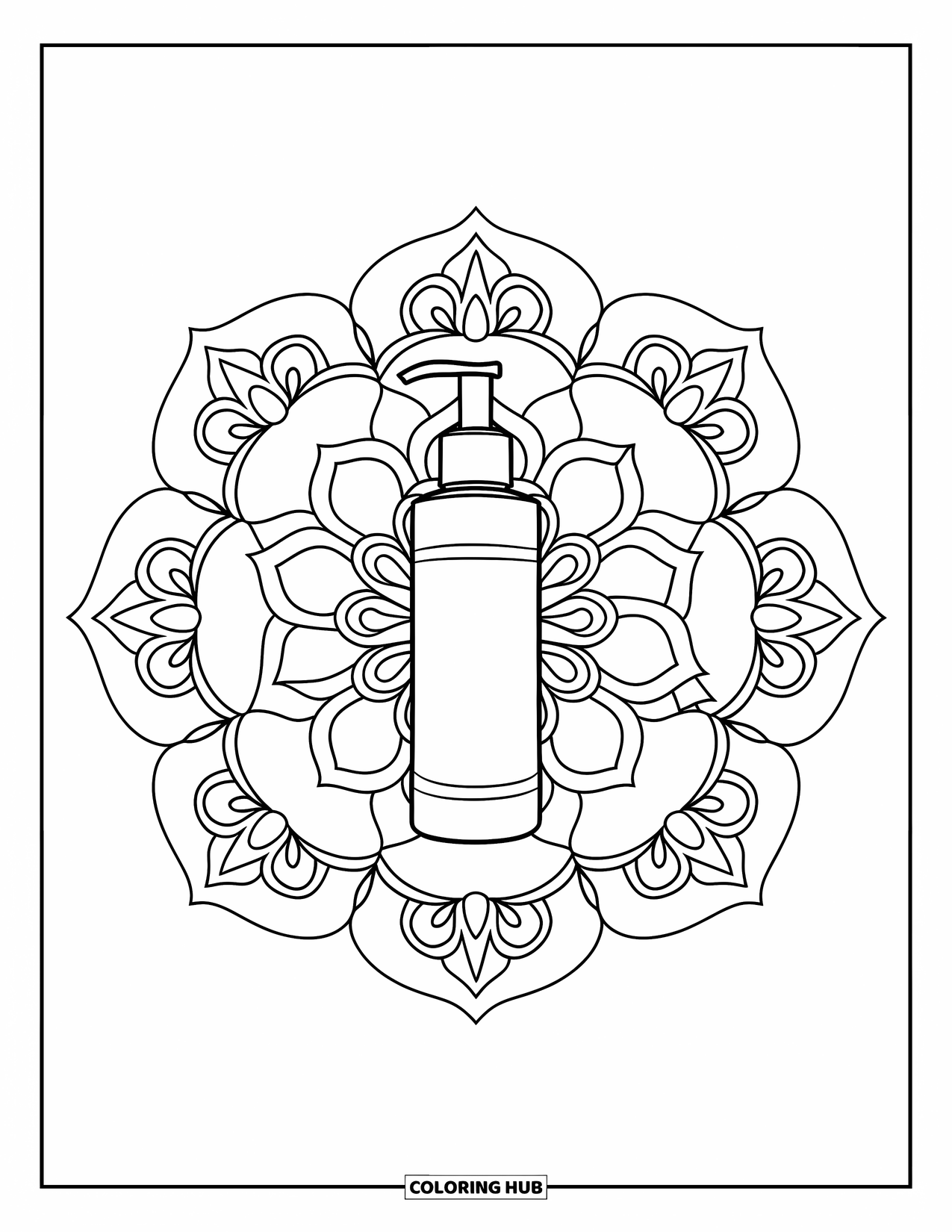 Huidverzorging Kleurplaat voor Volwassenen: Een pompflacon met reiniger staat centraal in een roosvormige mandala