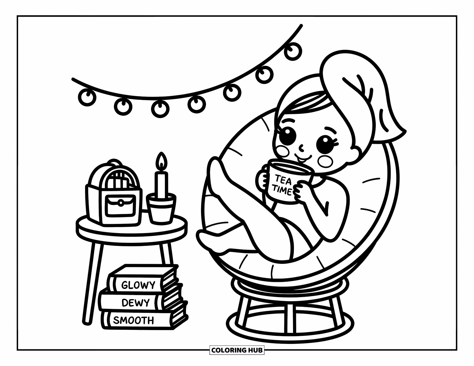 Huidverzorging Kleurplaat voor Volwassenen: Een ontspannen meisje met een gezichtsmasker drinkt thee naast boeken en gloeiende lichtslingers