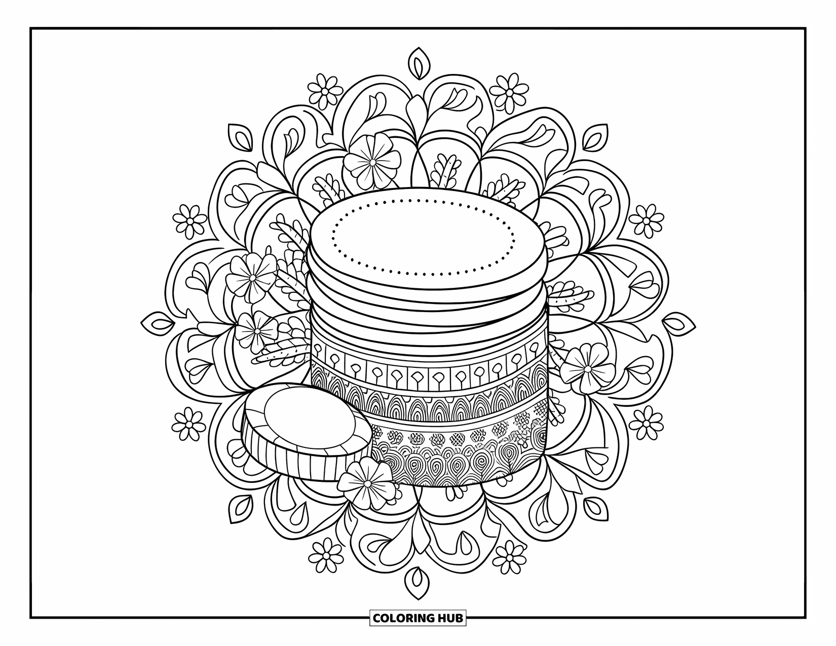 Huidverzorging Kleurplaat voor Volwassenen: Een stapel wattenschijfjes en een balsempot rusten in een bloemenmandala