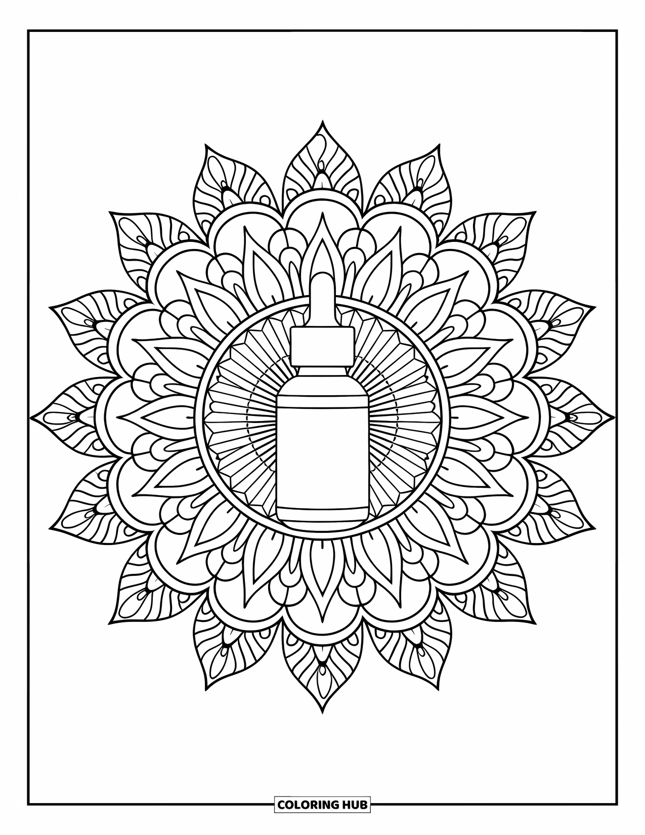 Huidverzorging Kleurplaat voor Volwassenen: Een zonnebloemmandala bevat een druppelflesje met vitamine C-serum
