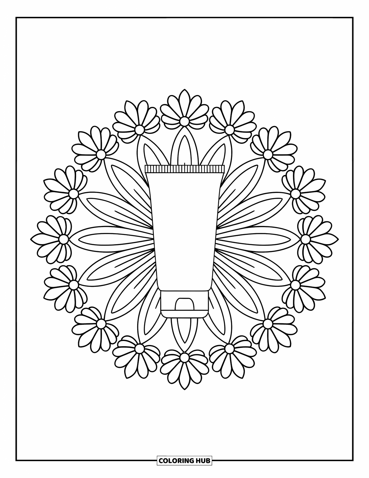 Huidverzorging Kleurplaat voor Volwassenen: Een tube zonnebrandcrème is omgeven door madeliefjesblaadjes en bladrijke mandala-ontwerpen