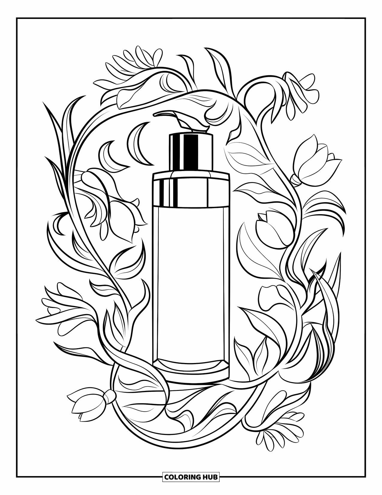 Huidverzorging Kleurplaat voor Volwassenen: Bloeiende bloemblaadjes en klimplanten kronkelen rond een glazen gezichtstonerfles
