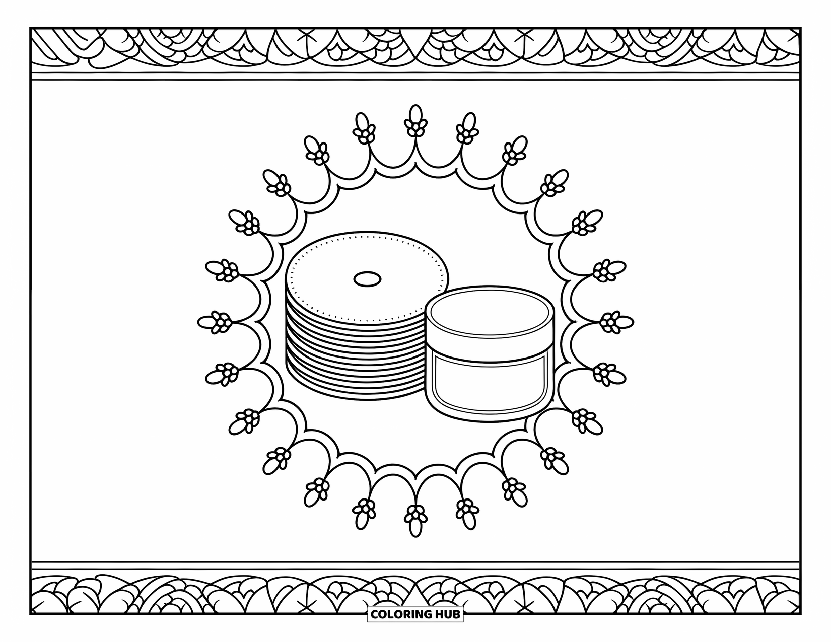 Huidverzorging Kleurplaat voor Volwassenen: Wattenschijfjes en een balsempot zijn omgeven door bloemen en symmetrische mandalakunst